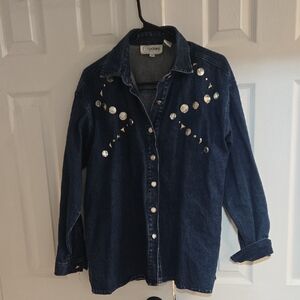 Vintage ‘90s Cedars Embellished Denim Relaxed Fit Button Down Shirt Sz S